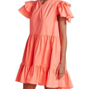 Tanya Taylor Marisol Tiered Mini Dress Orange Ruffle Pockets Split Neck - Size:L